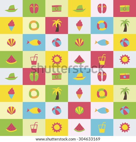 A set of colorful vector icons for vacation, background, pattern.
hat, beach sandal, camera, ice cream, tube, palm tree, clam, shellfish, fish, beach ball, juice, sun, 
