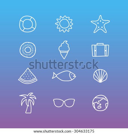 A set of vector icons for summer vacation, white line with blue background.
tube, sun, starfish, pine apple, ice cream, travel bag, water melon, fish, shellfish(clam), palm tree, sunglasses, earth.