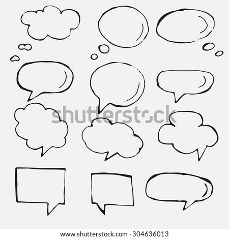 Hand drawn thought and speech bubbles and balloons. Blank empty white speech bubbles. Speech bubble icons. Think cloud symbols. Sketch hand drawn bubble speech. Vector dream bubbles. 