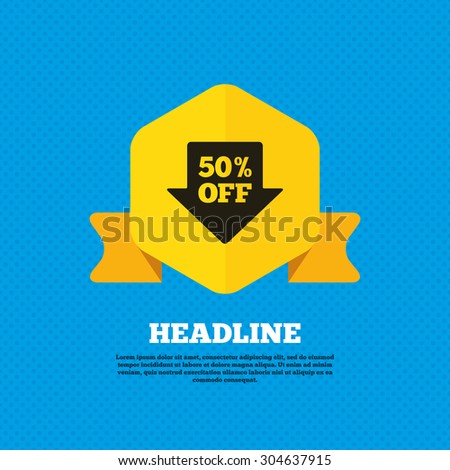 50% sale arrow tag sign icon. Discount symbol. Special offer label. Yellow label tag. Circles seamless pattern on back. Vector