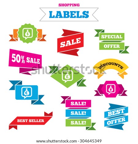 Sale shopping labels. Money bag icons. Dollar, Euro, Pound and Yen speech bubbles symbols. USD, EUR, GBP and JPY currency signs. Best special offer. Vector