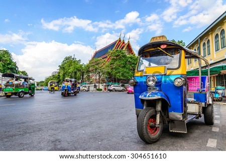 Blue Tuk Tuk, Thai traditional taxi in Bangkok Thailand. Royalty-Free Stock Photo #304651610
