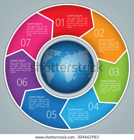 Colorful Circle Arrows With World Globe,Number and Information Text Design. 7 Options, Financial and Business Infographic, Life Cycle Diagram,Workflow/Element Layout Design. Vector Illustration