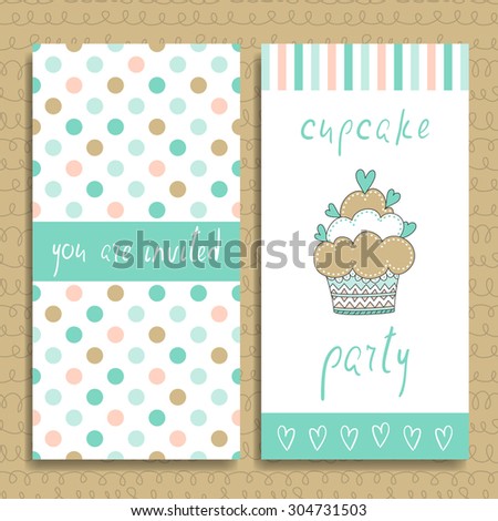 Cupcake party invitation card.  Vector illustration in pastel colors. 