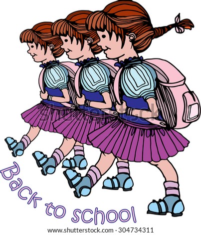 Three cute girls go back to school. Vector hand drown illustration of small girls in uniform isolated on white background