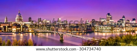 London Panorama:  St. Paul's Cathedral, Millennium Bridge and  the Financial District at twilight.