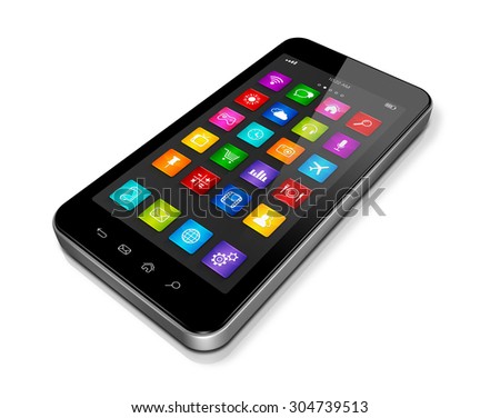3D High Tech smartphone, mobile phone with apps icons interface - isolated on white with clipping path