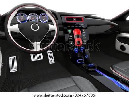 Futuristic electric vehicle dashboard and interior design. There is full size touch screen at the center of the dashboard. 3D rendering image with clipping path.