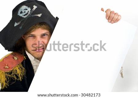 pirate holding a  blank sign with knife in mouth