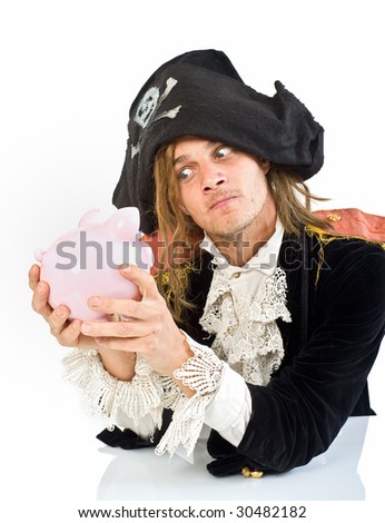 a pirate holding a piggy bank isolated on white