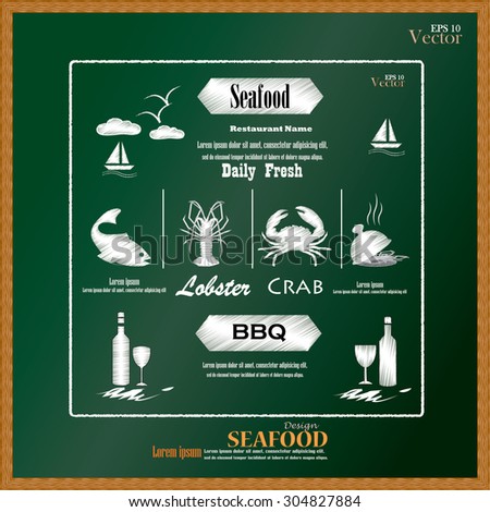 seafood on the blackboard.seafood menu on chalkboard.vector illustration.  