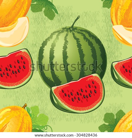 seamless pattern of ripe melon with leaves and slices of melon, watermelon and slices of watermelon