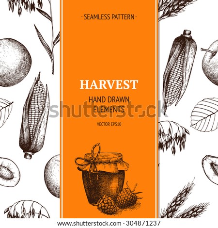 Vector autumn design with ink hand drawn fruits and vegetables illustration. Harvest vintage background with traditional autumn plants