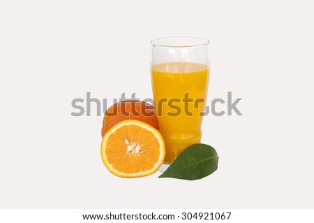 orange juice and oranges with leaf faded and isolated on white background