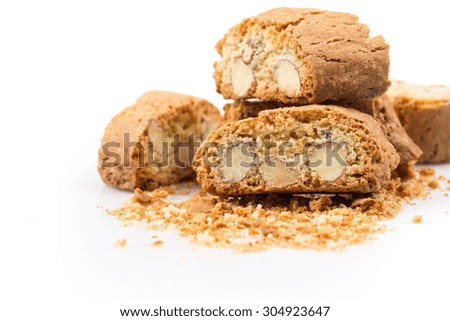 Italian cantuccini cookie with almond filling. Studio shot, isolated on white background.