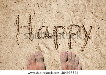 Happy handwritten in sand for natural, symbol, tourism or conceptual designs metaphor for summer, ocean, sea, travel, vacation, tourism, tropical, coast, message, resort, paradise, sunny or water