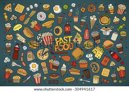 Colorful vector hand drawn Doodle cartoon set of objects and symbols on the fast food theme Royalty-Free Stock Photo #304941617