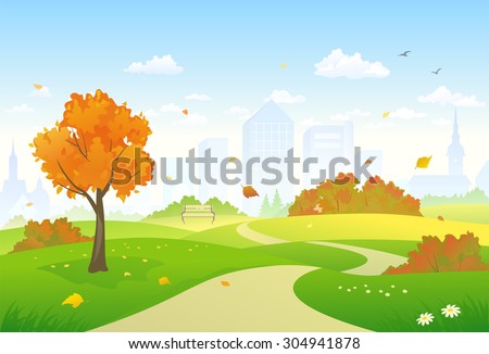 Vector illustration of a beautiful autumn city park alley