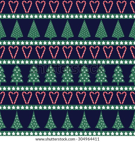 Seamless Christmas pattern - varied Xmas trees, stars and candy canes. Happy New Year and Merry Xmas background. Vector design for winter holidays on dark blue background. 