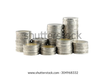 silver Thailand coins stack isolated on white background with clipping paths.