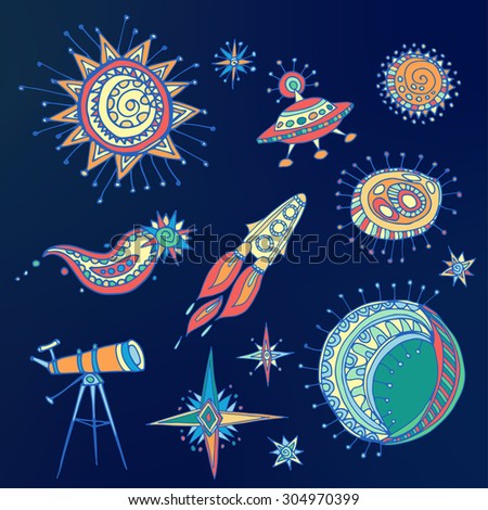 Funny space symbols set for kids wallpapers. Hand drawn colorful illustration on dark background