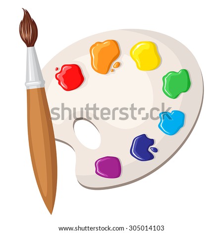 Vector illustrations of cartoon paintbrush and palette of paints seven colors of rainbow Royalty-Free Stock Photo #305014103