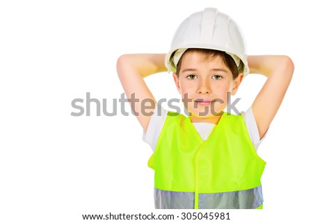 Cute boy in a costume of a builder posing with different emotions. Isolated over white. 