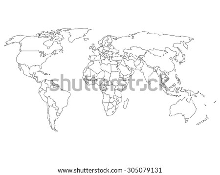 World map with country borders, thin black outline on white background Royalty-Free Stock Photo #305079131