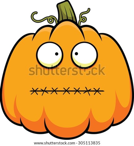 Cartoon illustration of a pumpkin with his mouth sewn shut. 