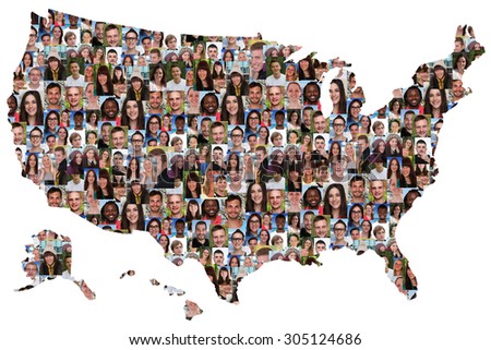 USA map multicultural group of young people integration diversity isolated
