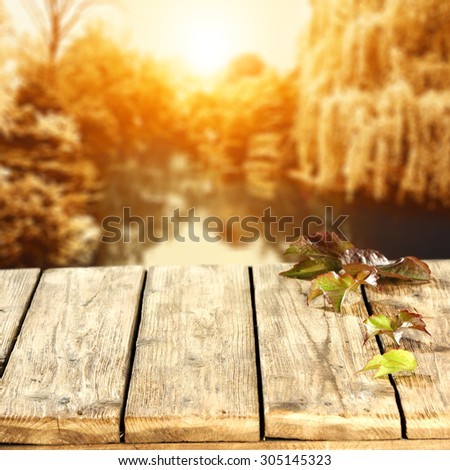 decoration of leaves on wooden shabby table 