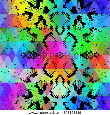 Snake skin texture  with colored rhombus. Geometric background. Seamless pattern black rainbow green purple blue yellow background, colorful psychedelic geometric mosaic ornament triangle. Vector