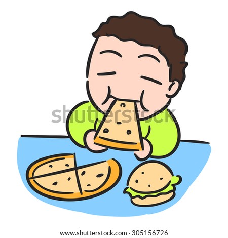 Cartoon boy is eating pizza, isolated vector stock