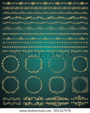 Collection of Golden Royal Luxury Hand Sketched Artistic Rustic Decorative Doodle Vintage Seamless Borders, Swirls, Dividers, Text Frames. Design Elements. Drawn Vector Illustration. Pattern Brashes