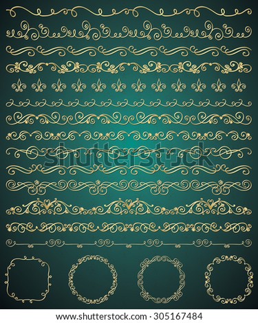 Collection of Golden Royal Luxury Hand Sketched Artistic Rustic Decorative Doodle Vintage Seamless Borders, Swirls, Dividers, Text Frames. Design Elements. Drawn Vector Illustration. Pattern Brashes