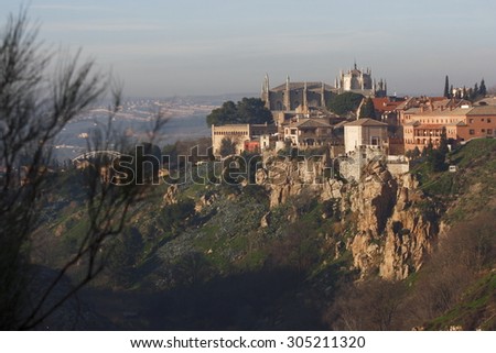 Toledo, seen from the Mirador del Valle, cliffs of river tagus, Castilla La Mancha, Spain, view medieval monuments, san Juan de los Reyes, 