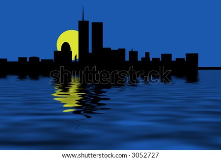 Illustration of New York Skyline with realistic water in foreground