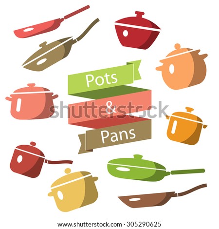 Pots and pans vector illustration. Kitchen background. Utensils icons set.