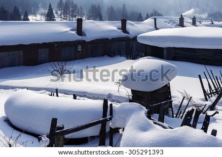 Chinese characteristic farmhouse snowscape,