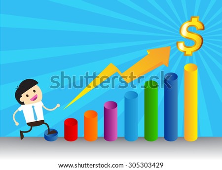 Ladder to success. Step by step infographics illustration. businessman walking up stairs chart. vector. money. dream concept. speech bubble. idea light bulb