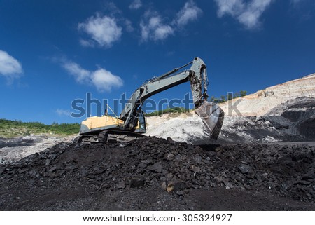 yellow Backhoe work in coalmine Royalty-Free Stock Photo #305324927