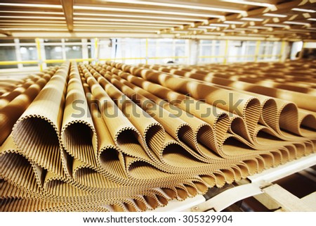 Closeup image of pleat cardboard row at factory background. Royalty-Free Stock Photo #305329904