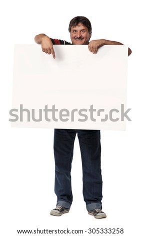 Happy middle age man presenting empty banner. Isolated on white