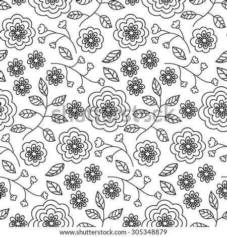 Seamless pattern with hand drawn flowers, black and white floral texture, vector illustration