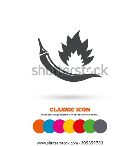 Hot chili pepper sign icon. Spicy food fire symbol. Classic flat icon. Colored circles. Vector