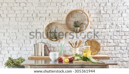 white brick wall modern kitchen vegetable and fruit