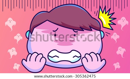 Cartoon illustration of a frightened boy kid child face. Clenching teeth, anxiety and stress symptom. Comic style shocked symbol and sign. Scary ghost decoration clip arts and background for halloween