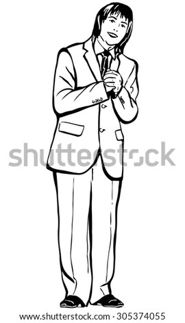 black and white vector sketch of a young man praying