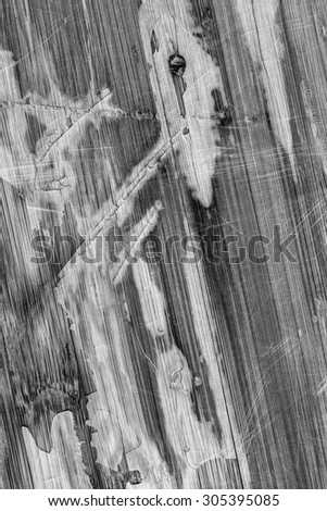Photograph of obsolete old, weathered, varnished Wooden Laminated Panel, B&W, cracked, scratched, grunge texture.