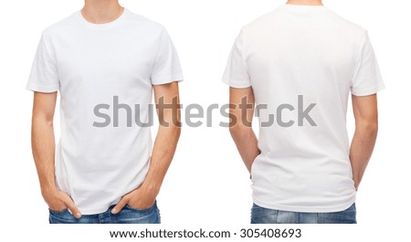 t-shirt design and people concept - close up of young man in blank white t-shirt Royalty-Free Stock Photo #305408693